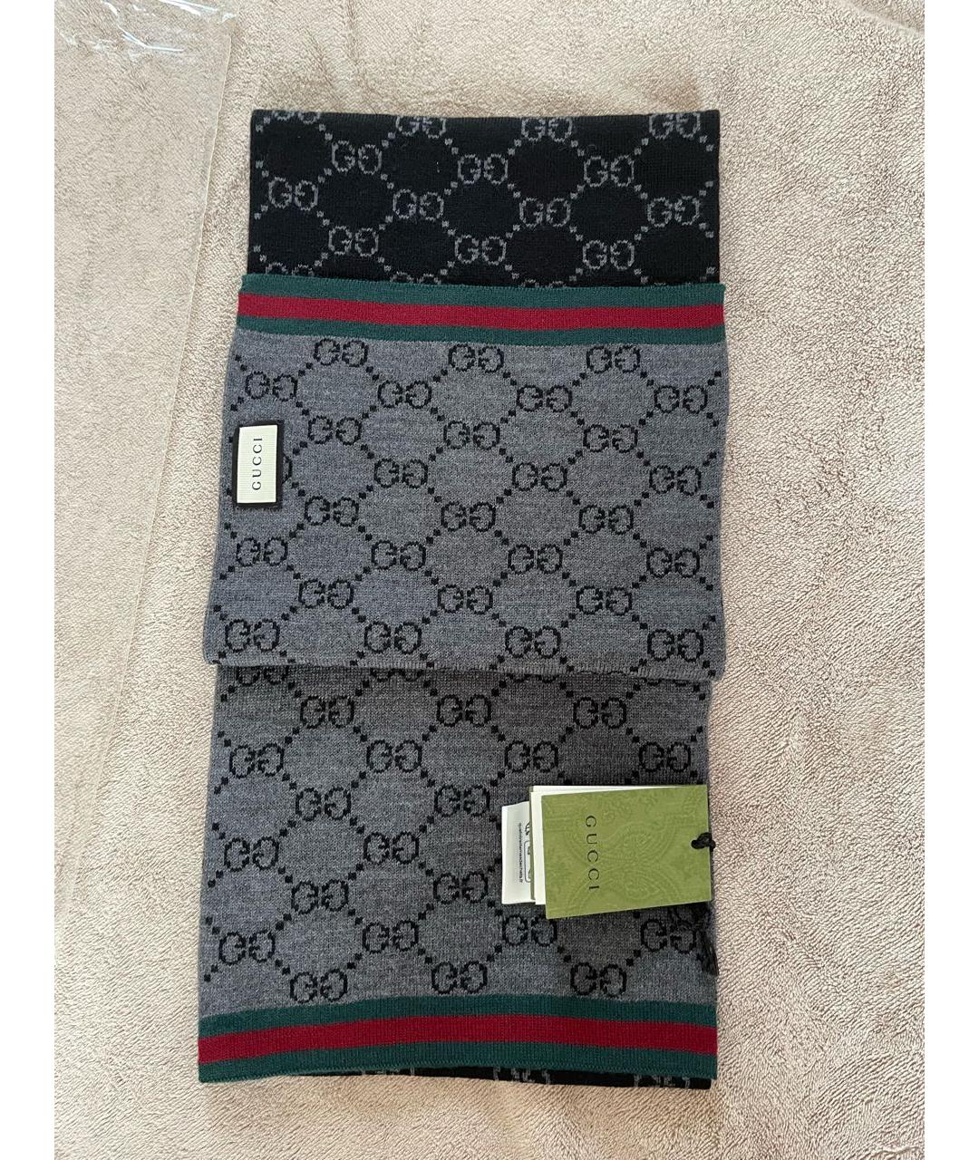 GUCCI Черный шерстяной шарф, фото 3