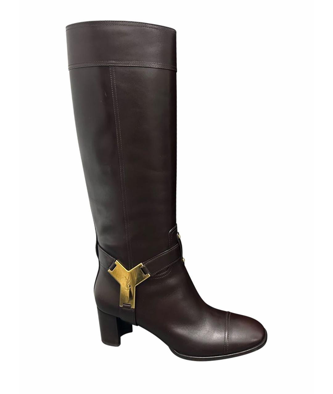 SAINT LAURENT Коричневые кожаные сапоги, фото 1
