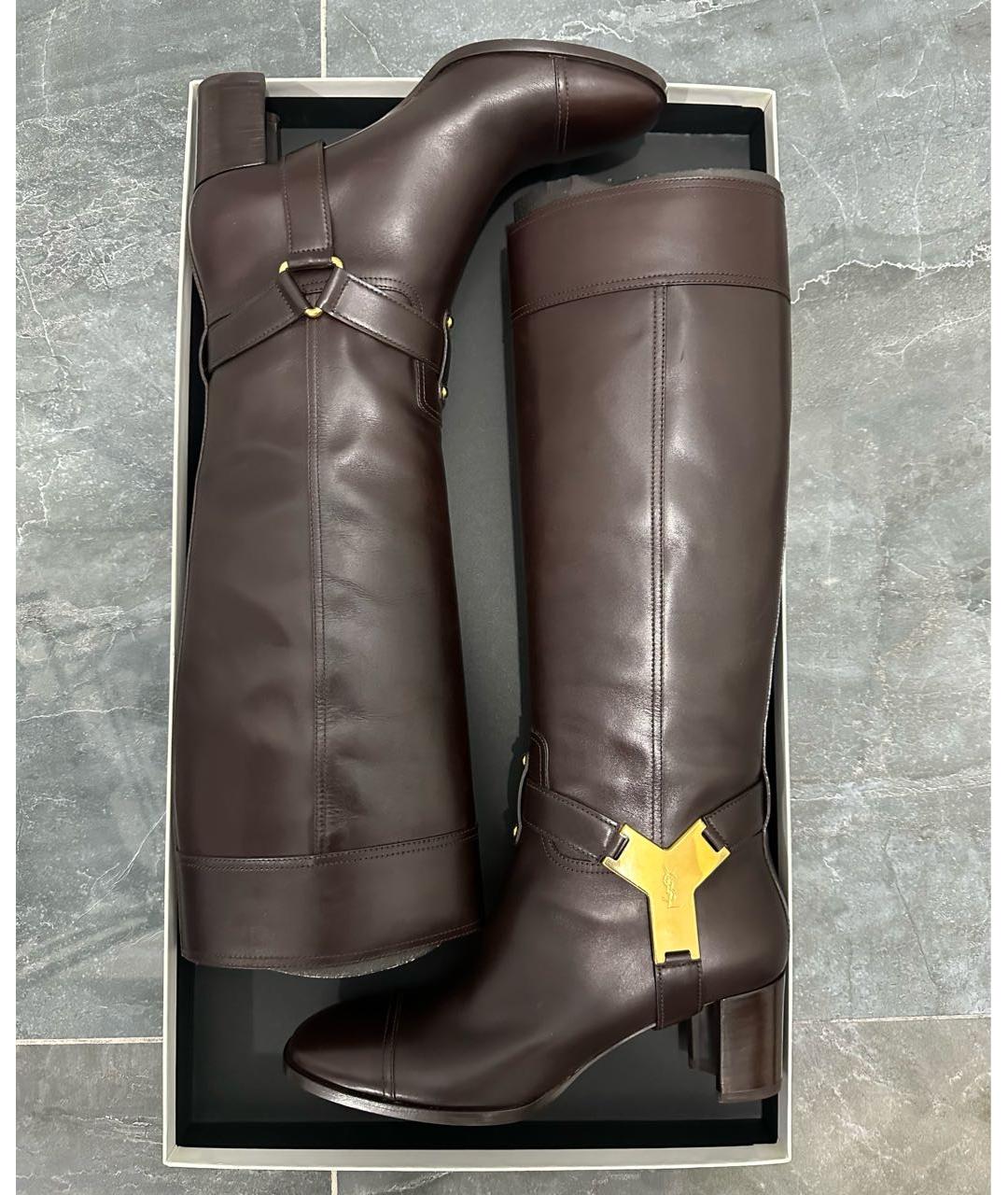 SAINT LAURENT Коричневые кожаные сапоги, фото 6