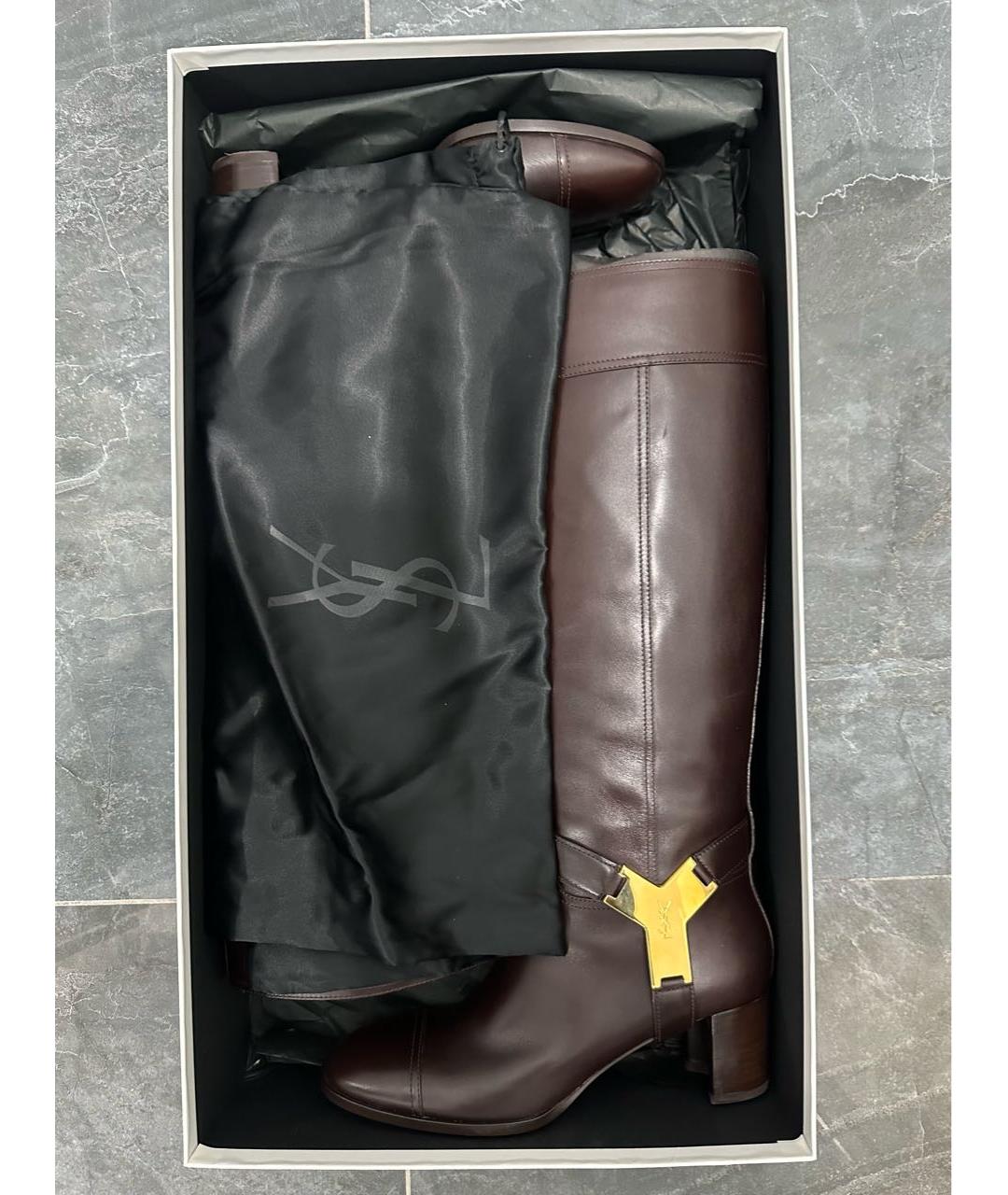 SAINT LAURENT Коричневые кожаные сапоги, фото 4
