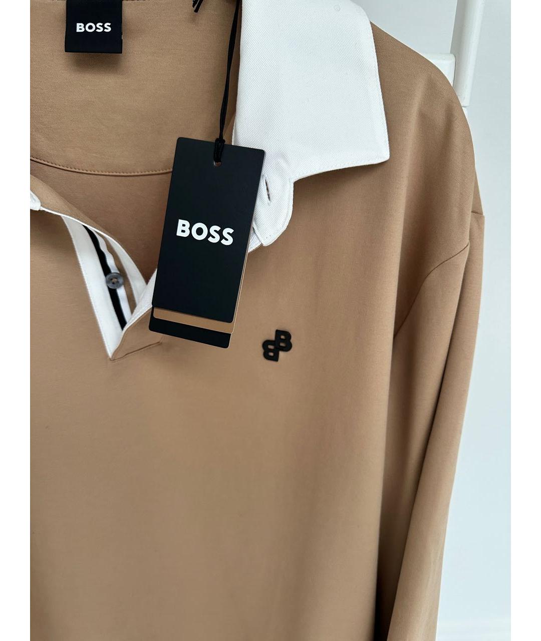 HUGO BOSS Бежевое хлопко-эластановое поло с длинным рукавом, фото 4