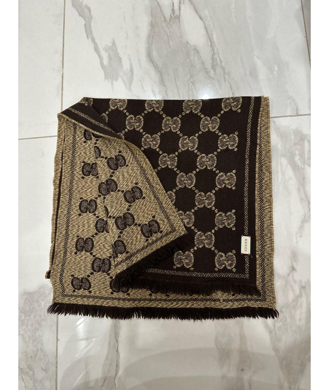 GUCCI Коричневый шерстяной шарф, фото 4