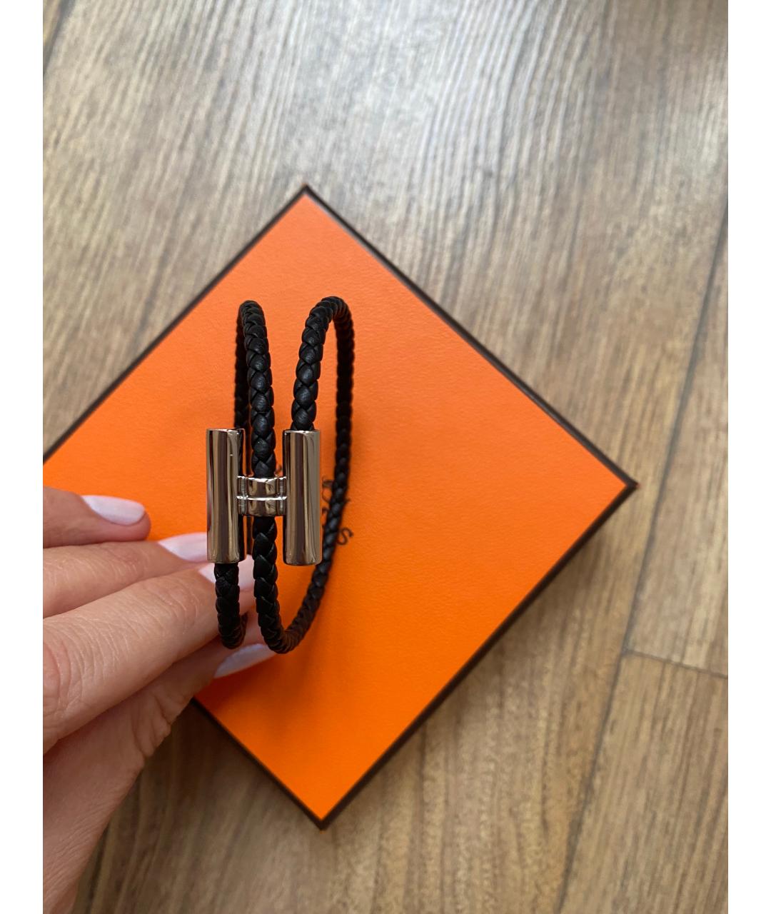 HERMES Черный кожаный браслет, фото 4