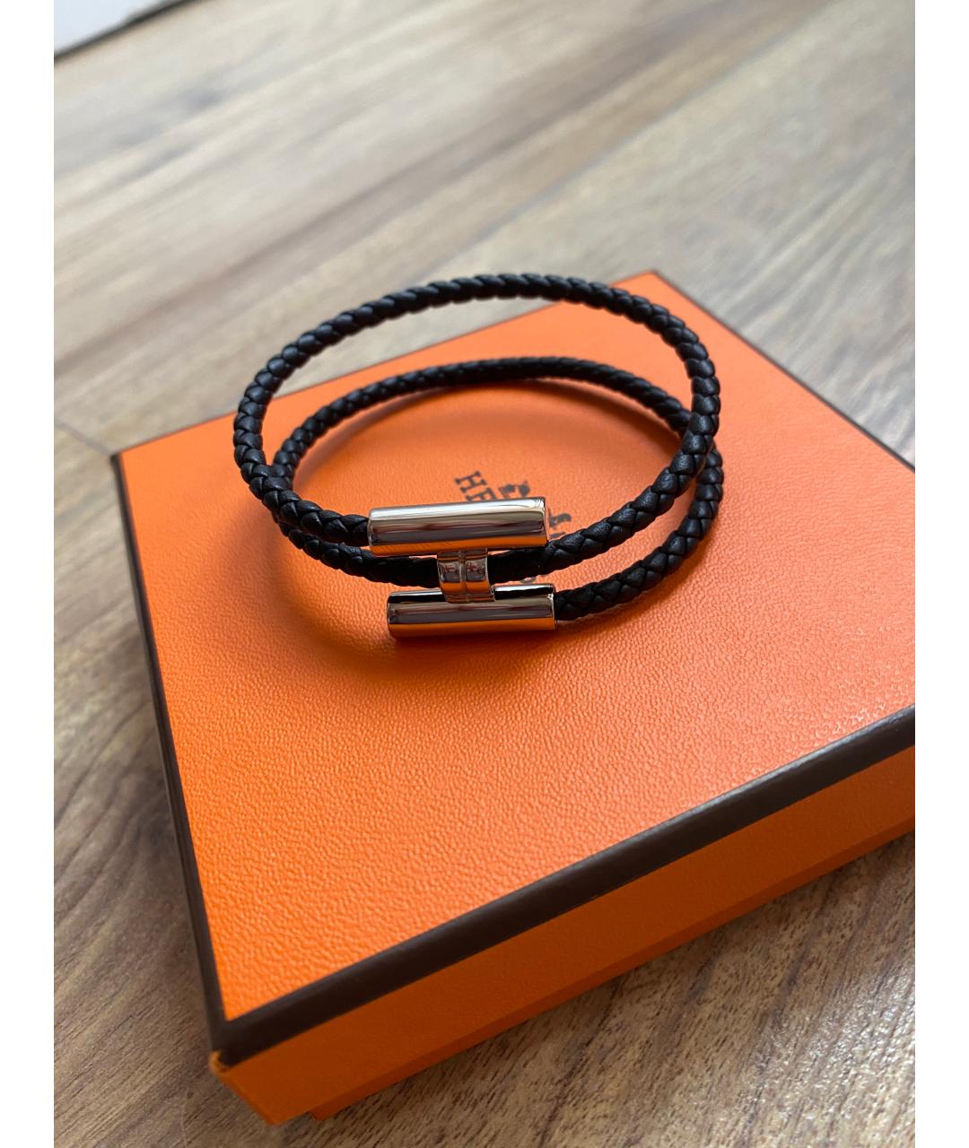 HERMES Черный кожаный браслет, фото 3