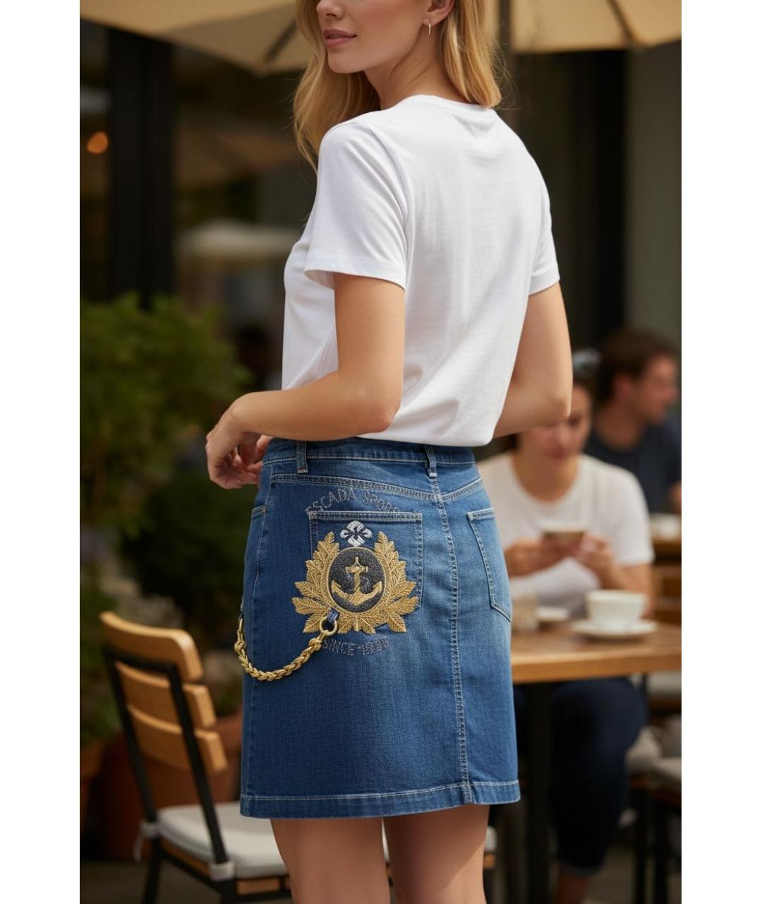 ESCADA Синяя хлопко-эластановая юбка мини, фото 4