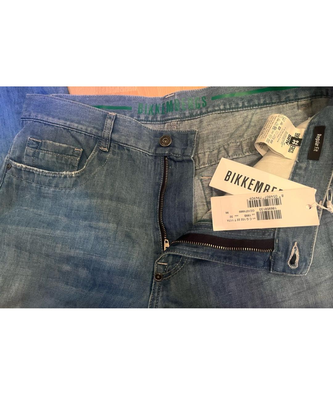 BIKKEMBERGS Голубые хлопко-леновые прямые джинсы, фото 3
