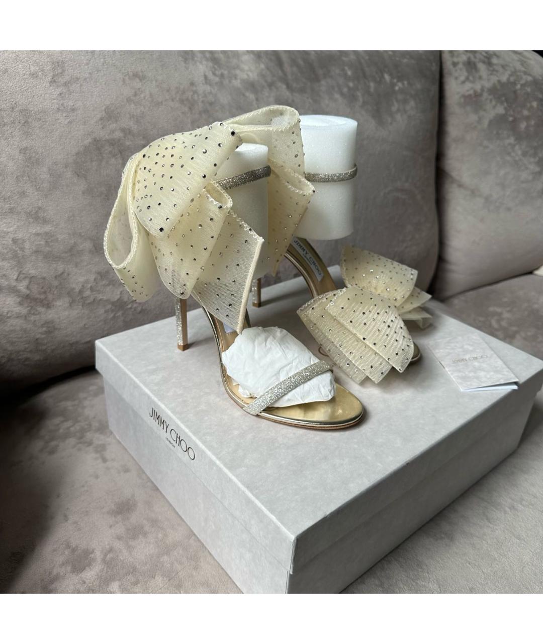 JIMMY CHOO Золотые текстильные босоножки, фото 3
