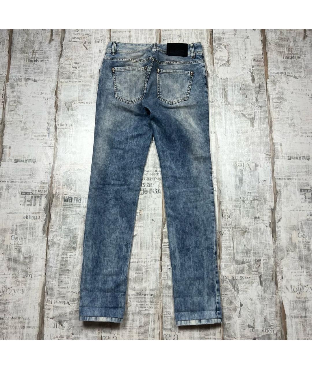 PHILIPP PLEIN Голубые хлопко-эластановые прямые джинсы, фото 7