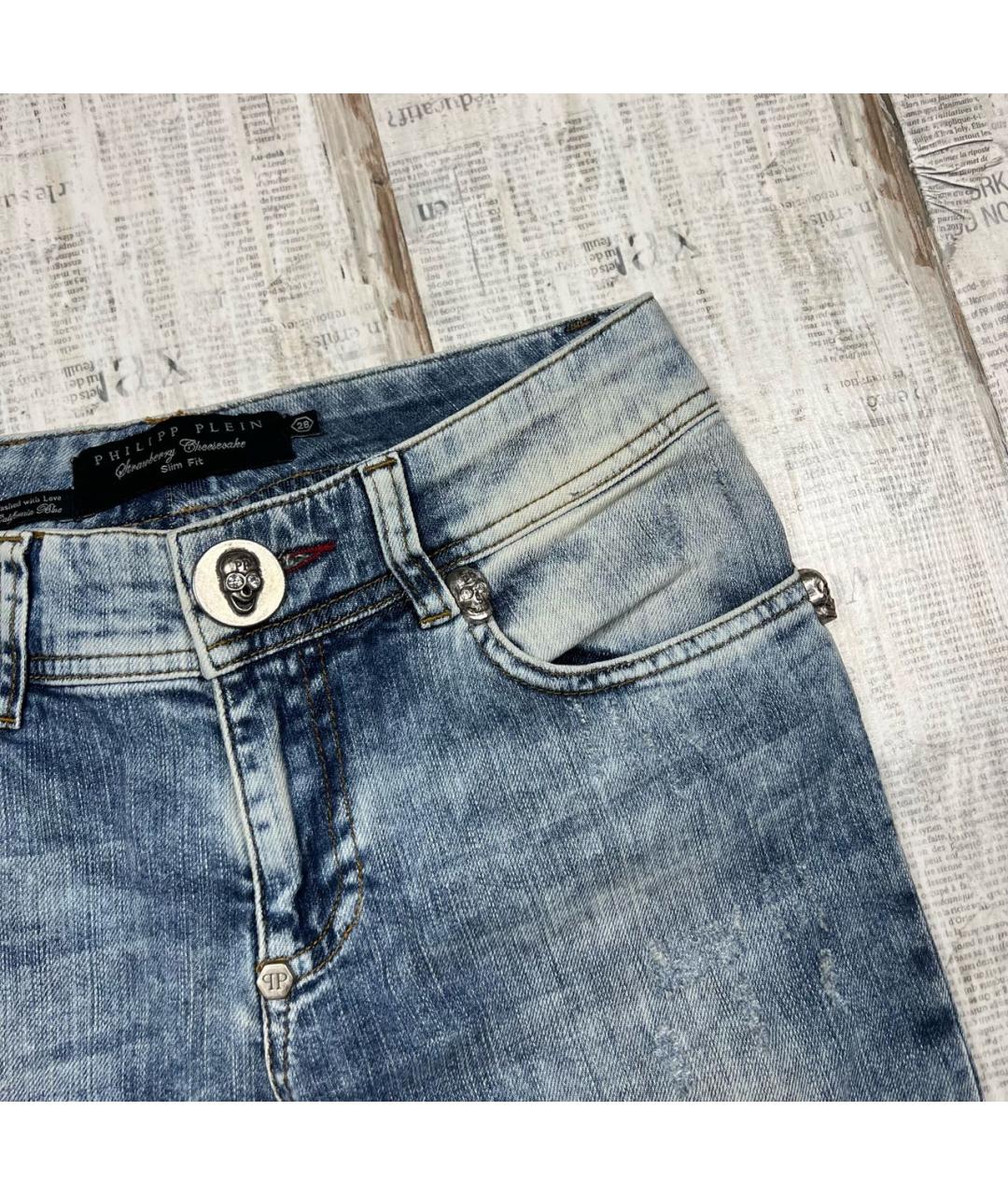 PHILIPP PLEIN Голубые хлопко-эластановые прямые джинсы, фото 2