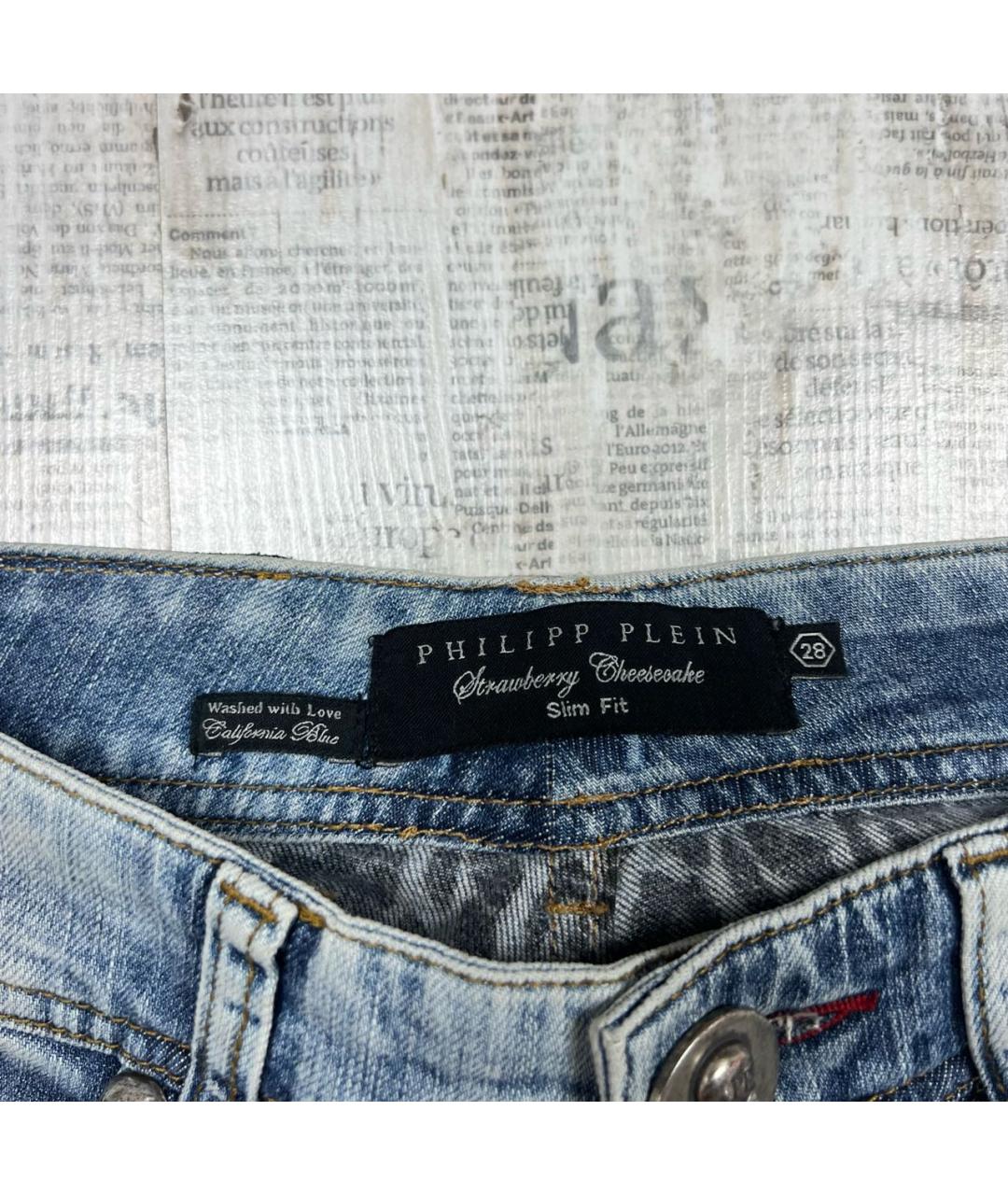 PHILIPP PLEIN Голубые хлопко-эластановые прямые джинсы, фото 4