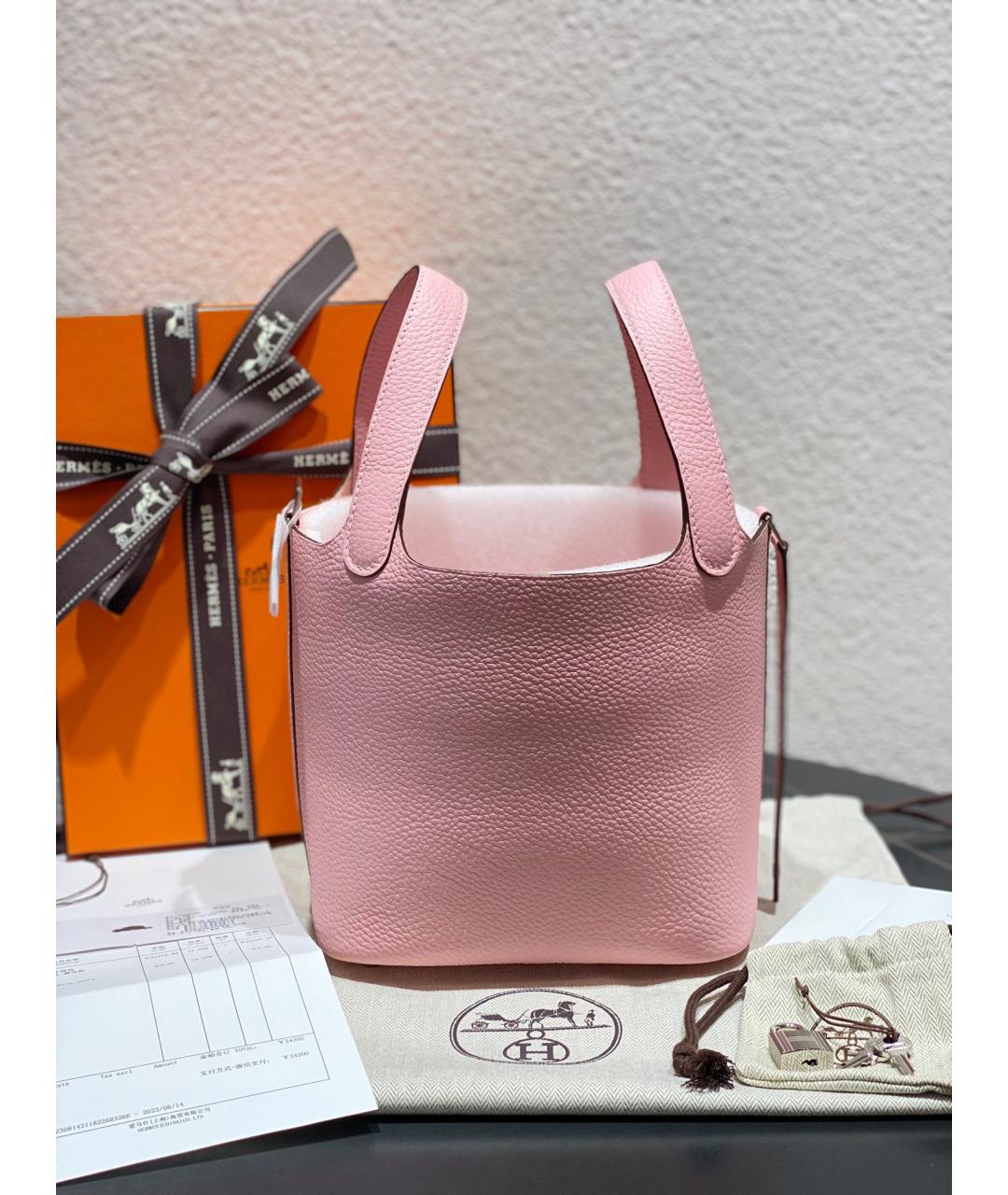 HERMES Розовая кожаная сумка с короткими ручками, фото 5