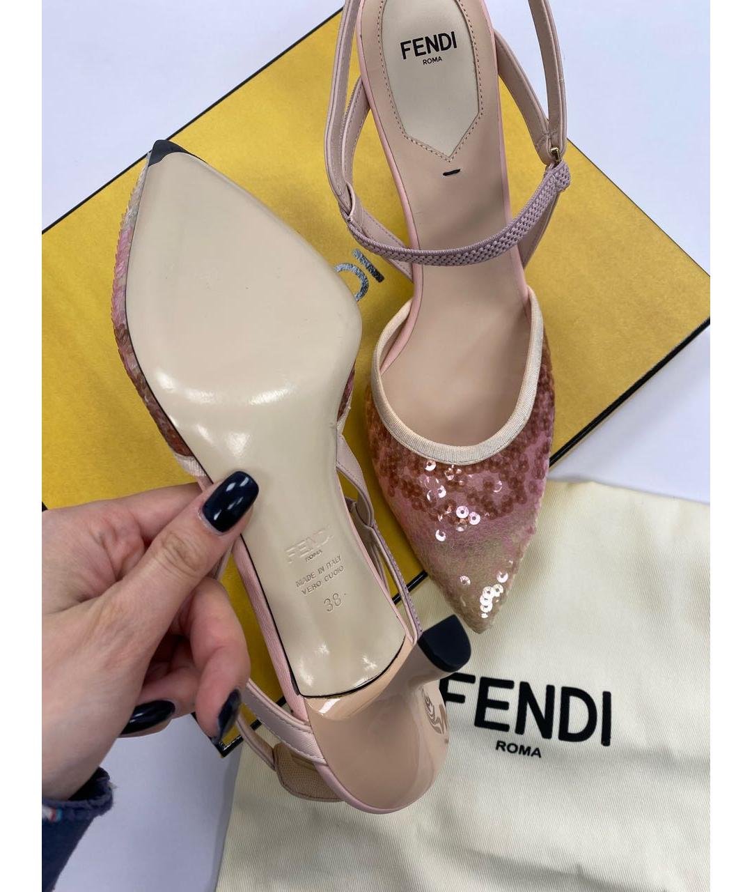 FENDI Коралловые текстильные лодочки на низком каблуке, фото 5