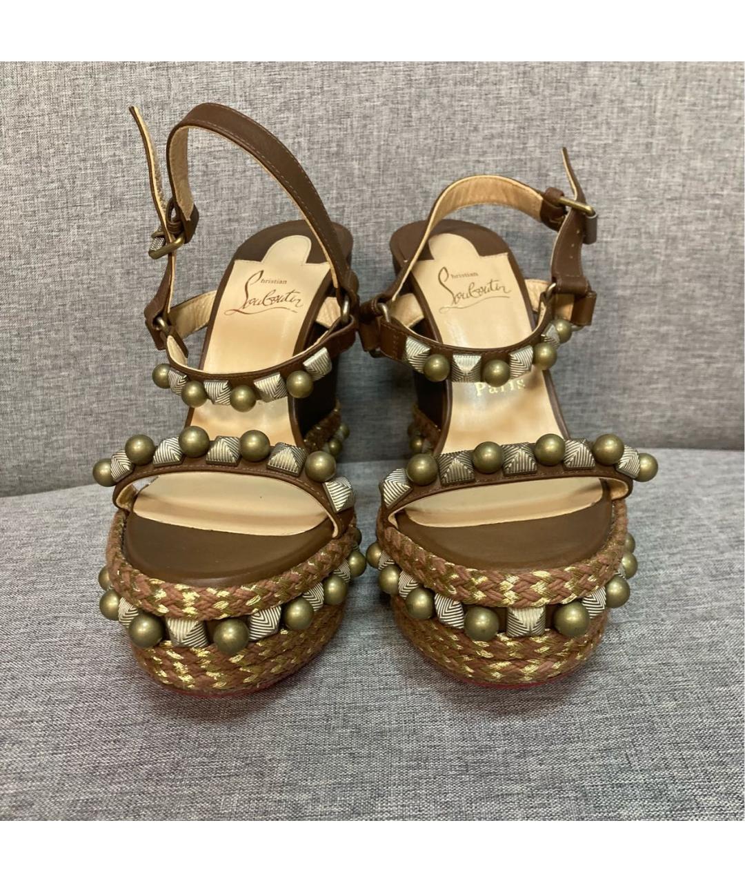 CHRISTIAN LOUBOUTIN Коричневые кожаные босоножки, фото 2