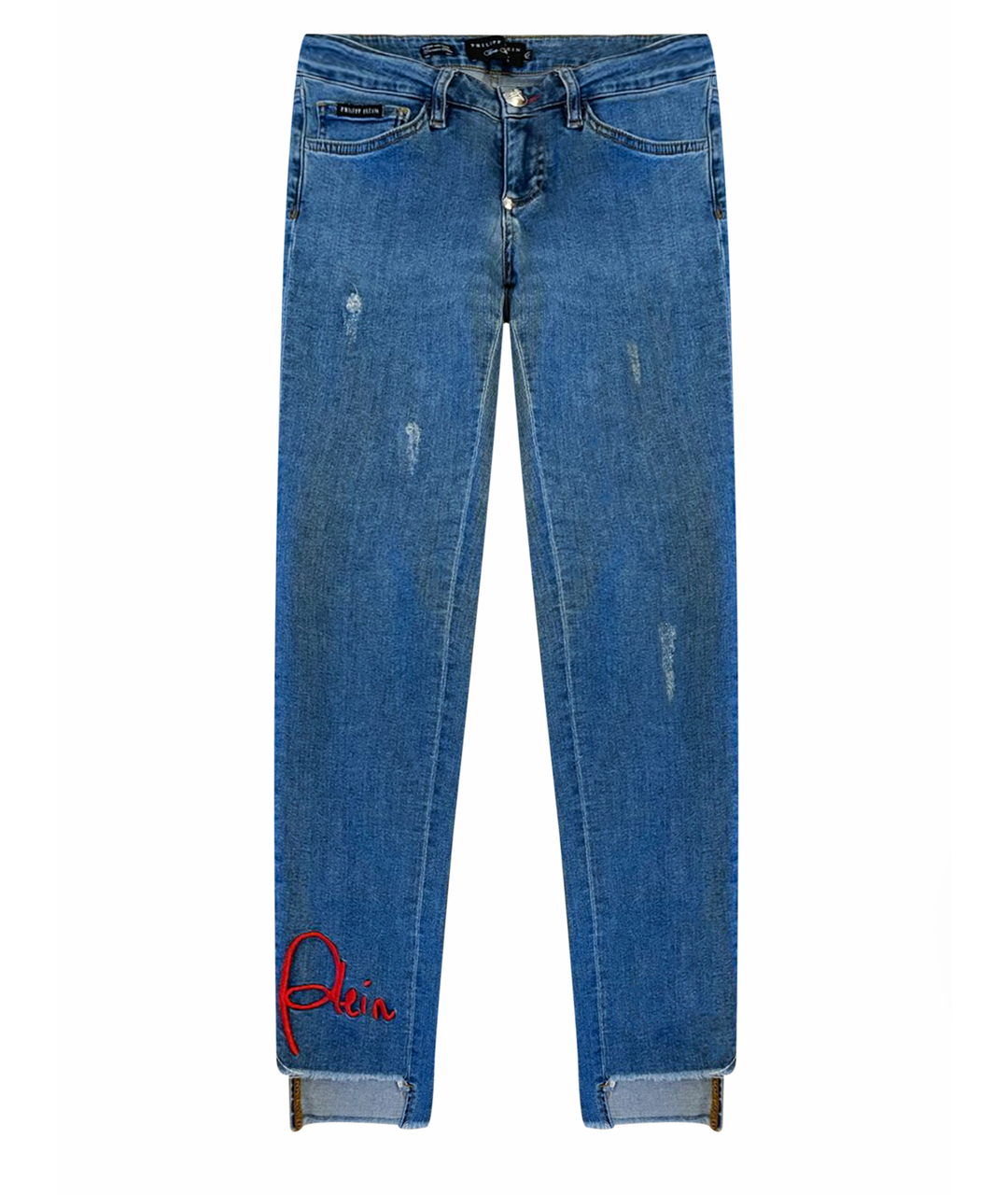 PHILIPP PLEIN Синие хлопко-эластановые прямые джинсы, фото 1