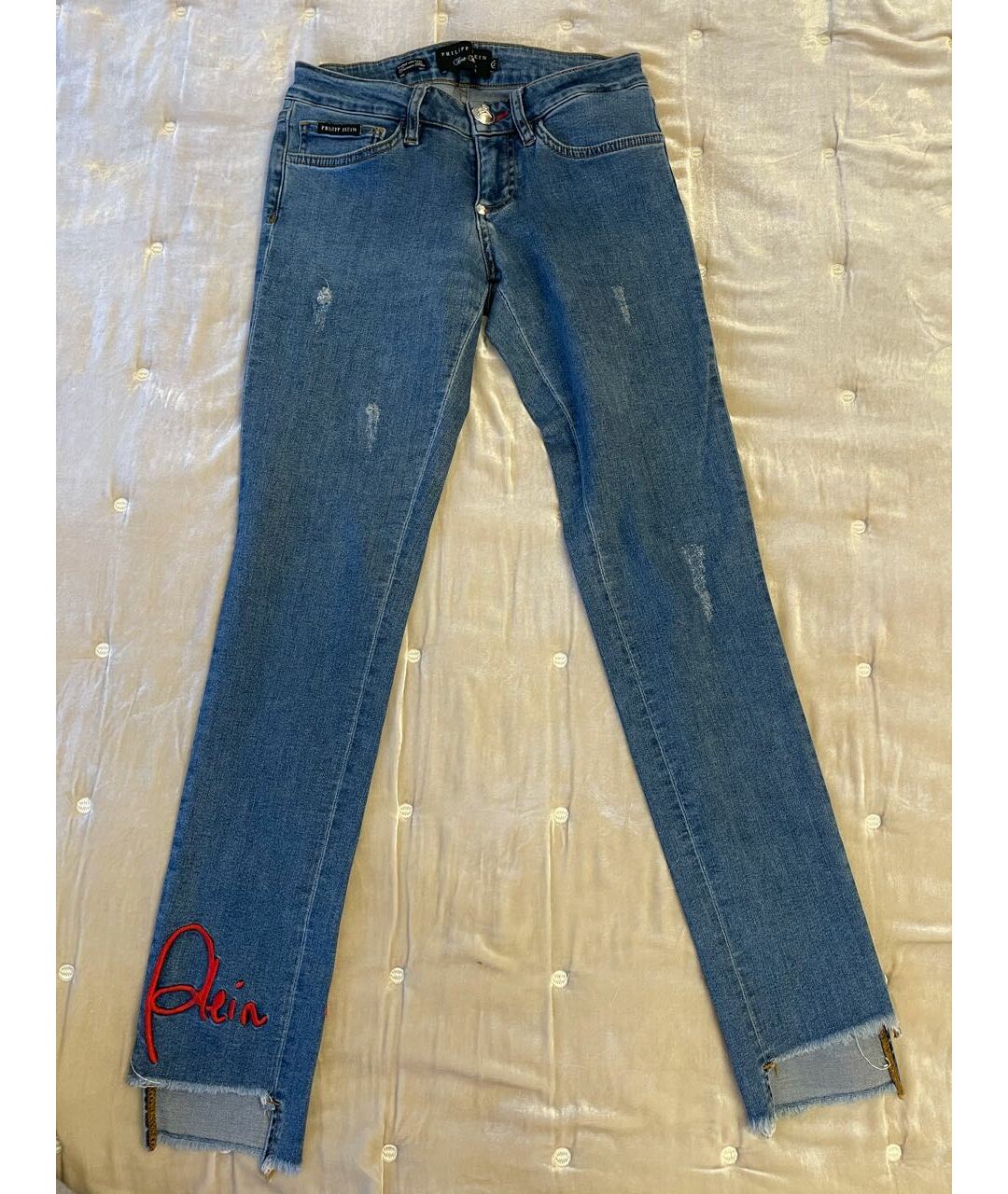 PHILIPP PLEIN Синие хлопко-эластановые прямые джинсы, фото 9