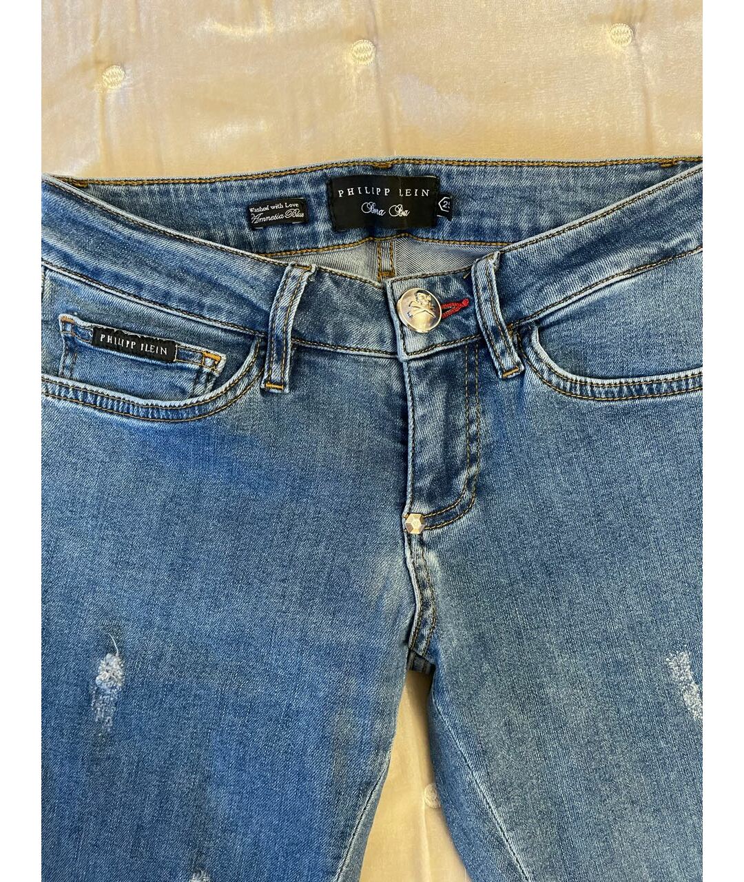 PHILIPP PLEIN Синие хлопко-эластановые прямые джинсы, фото 4