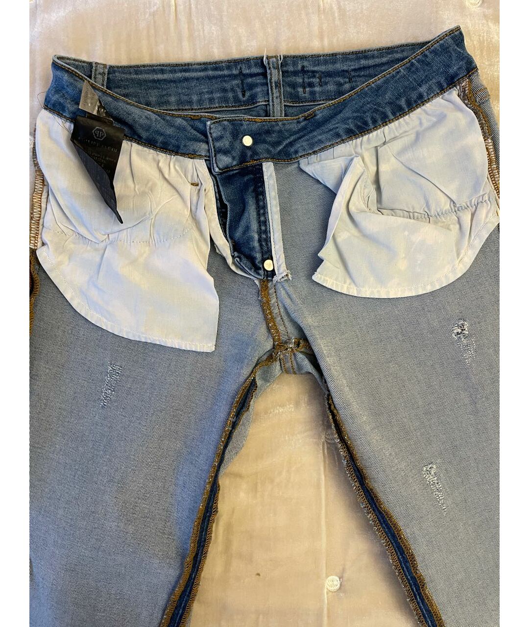 PHILIPP PLEIN Синие хлопко-эластановые прямые джинсы, фото 3
