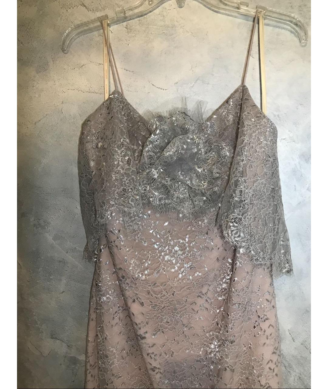 MARCHESA NOTTE Серебряное кружевное вечернее платье, фото 5