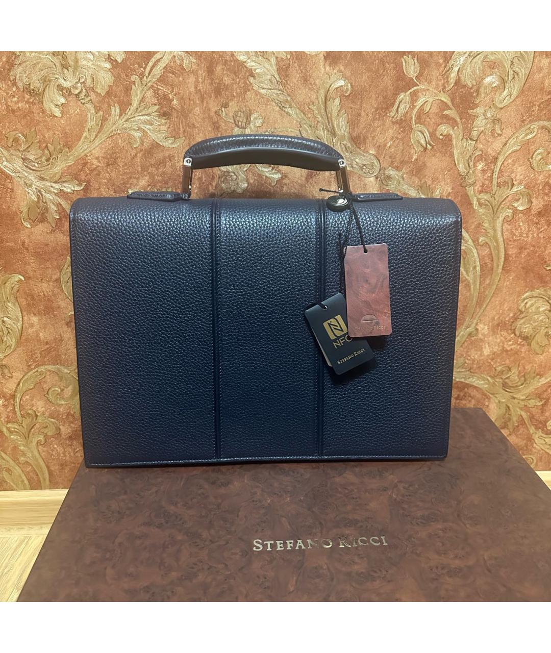 STEFANO RICCI Темно-синий кожаный портфель, фото 3