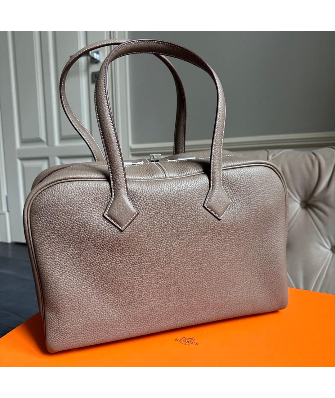 HERMES Бежевая кожаная сумка с короткими ручками, фото 6