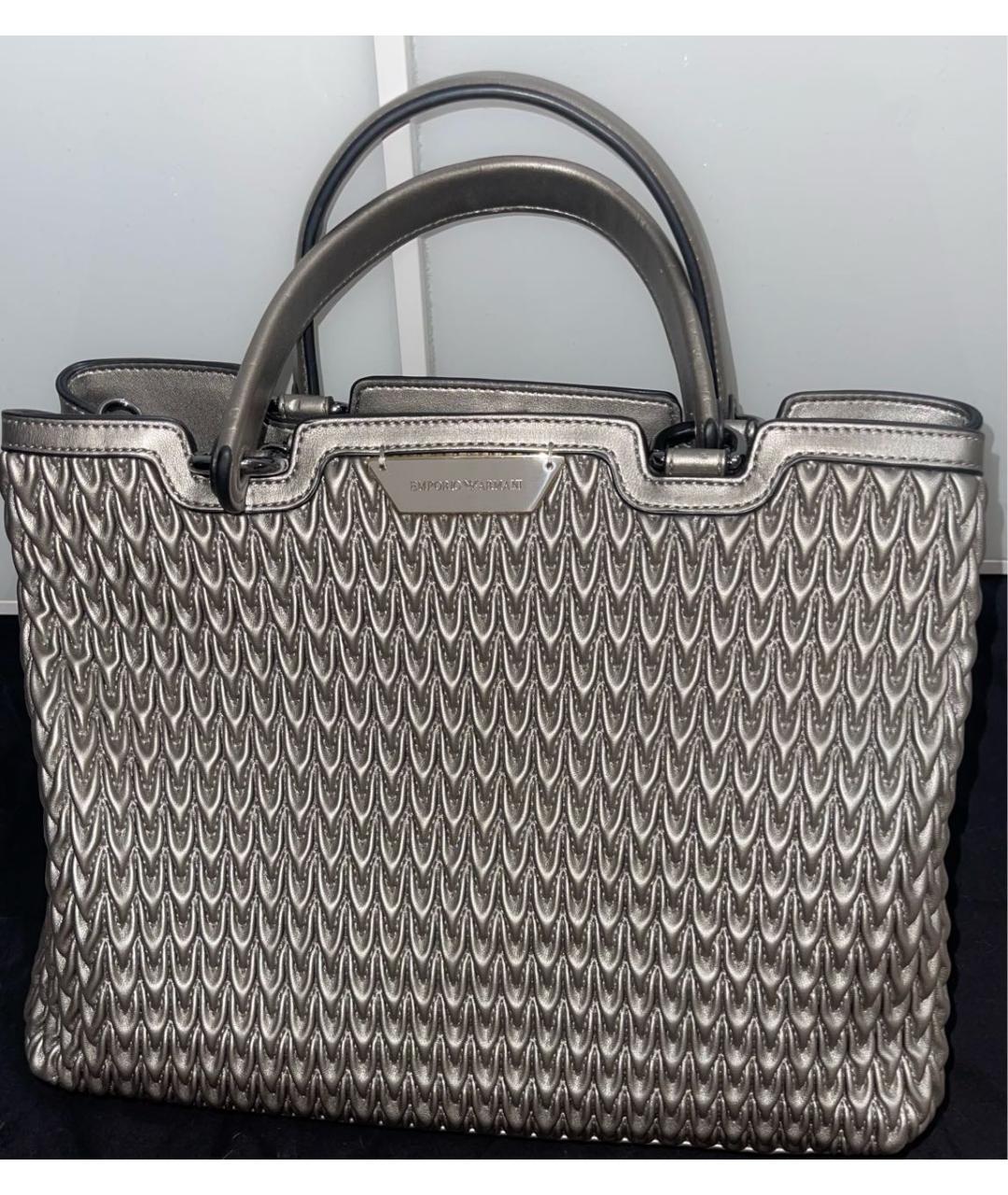 EMPORIO ARMANI Серебряная кожаная сумка с короткими ручками, фото 6