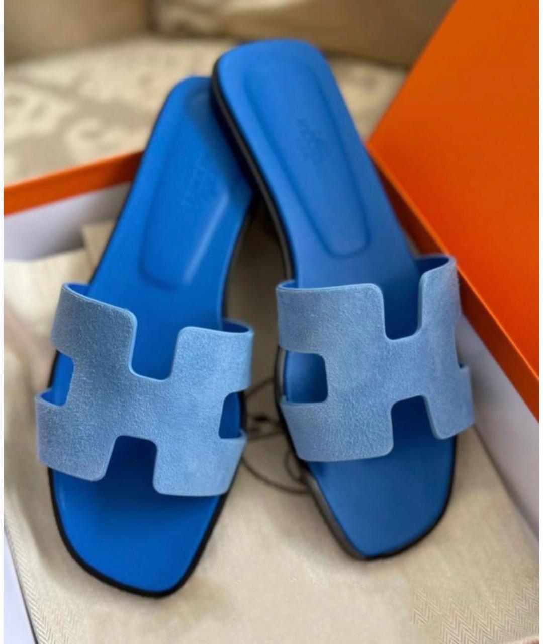 HERMES Голубые замшевые шлепанцы, фото 3