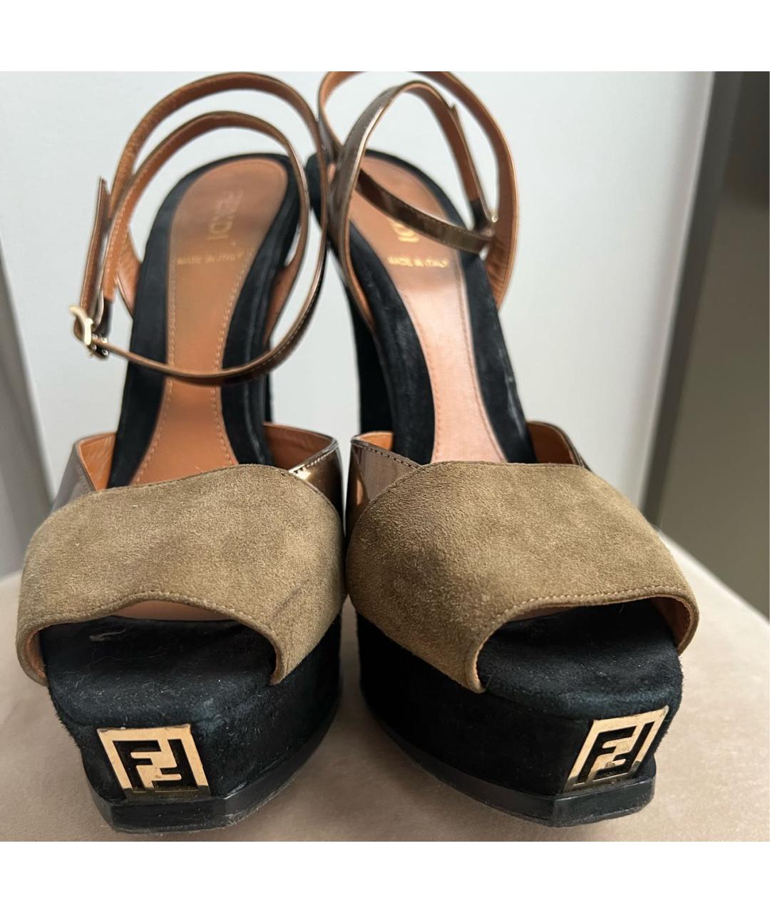 FENDI Хаки кожаные босоножки, фото 3