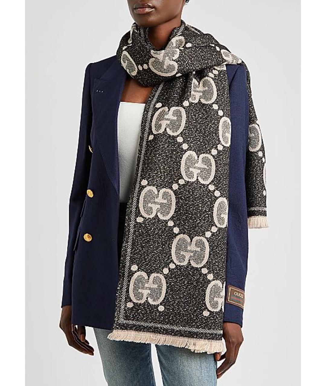 GUCCI Черный шерстяной шарф, фото 4