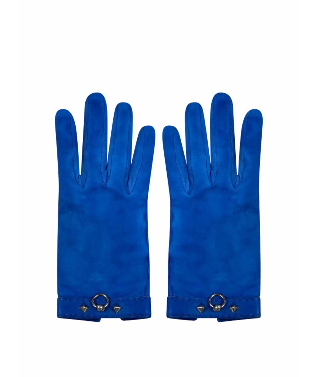 HERMES Синие кожаные перчатки, фото 1