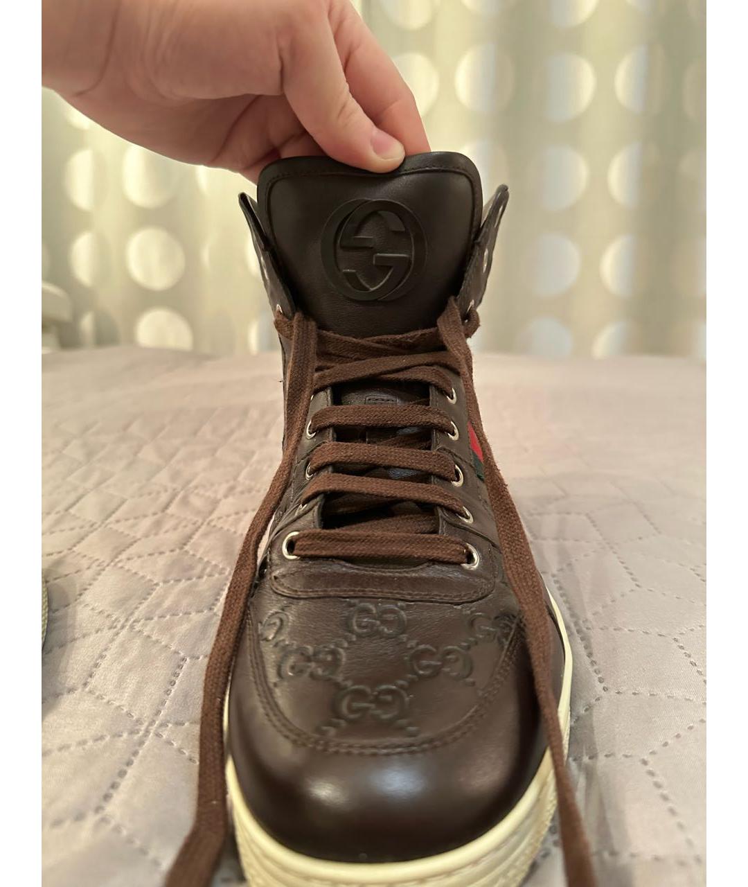 GUCCI Коричневые кожаные высокие кроссовки / кеды, фото 6