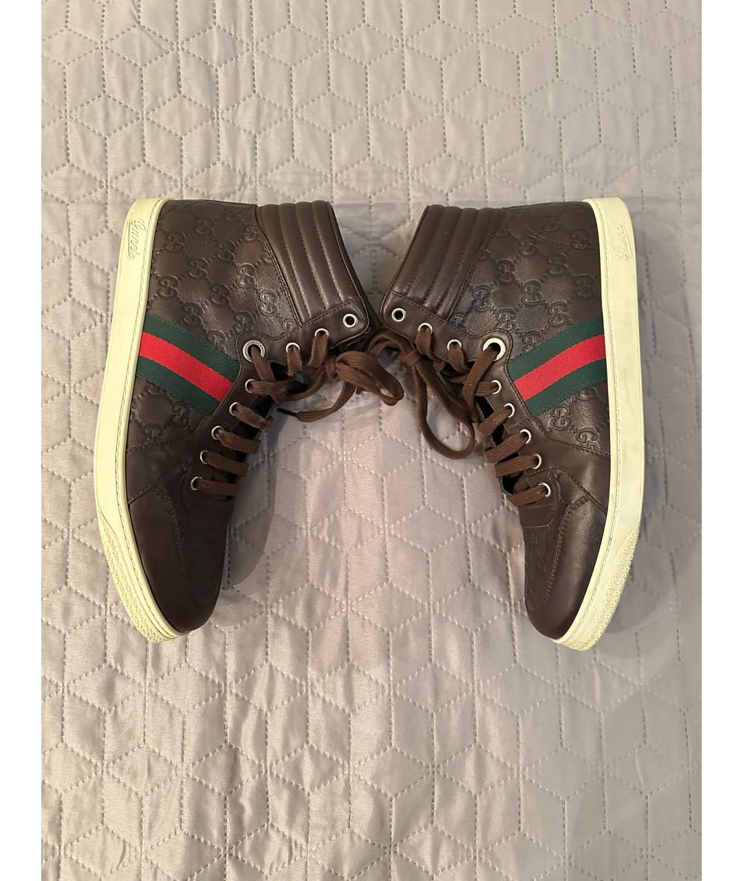 GUCCI Коричневые кожаные высокие кроссовки / кеды, фото 3