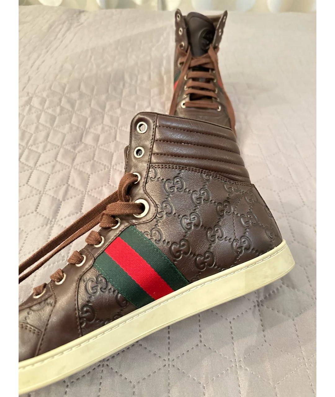 GUCCI Коричневые кожаные высокие кроссовки / кеды, фото 5