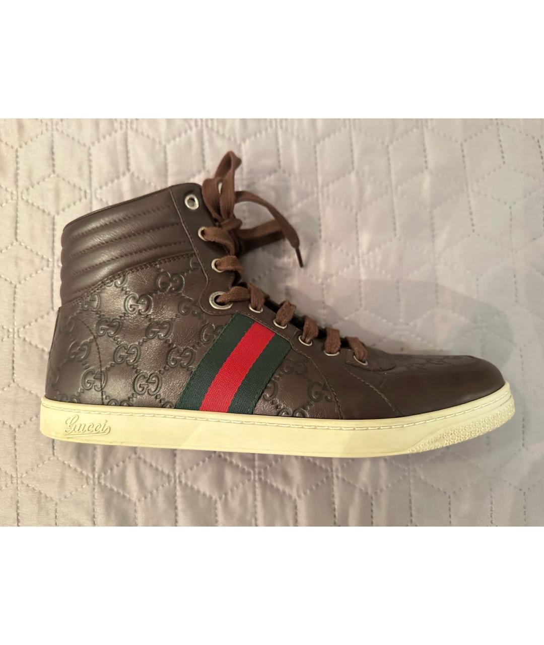 GUCCI Коричневые кожаные высокие кроссовки / кеды, фото 9