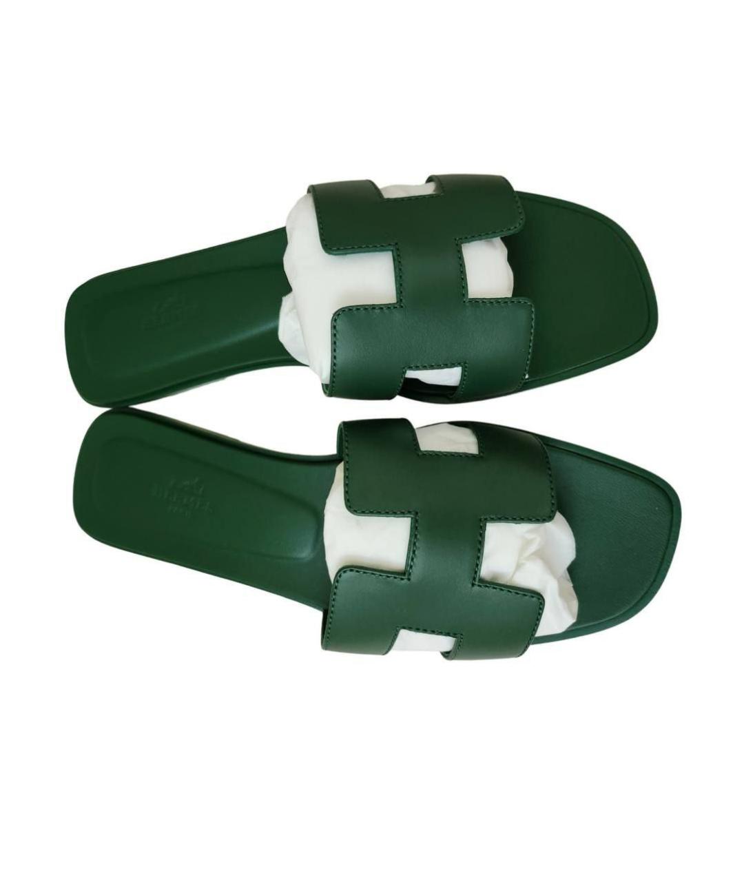 HERMES PRE-OWNED Зеленые кожаные шлепанцы, фото 2