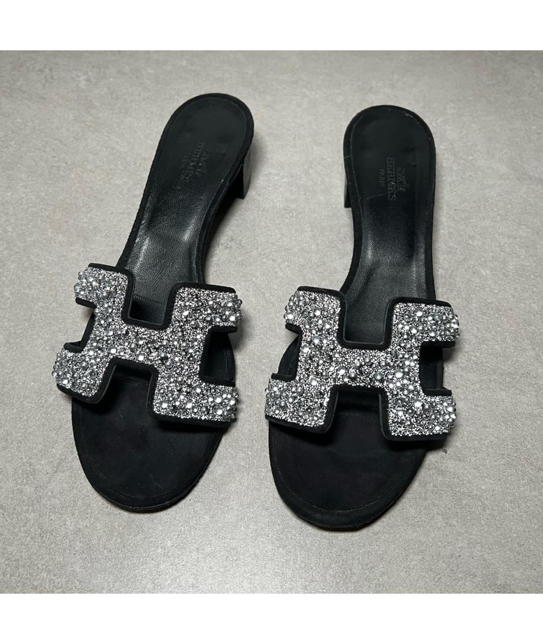 HERMES Черные кожаные шлепанцы, фото 2