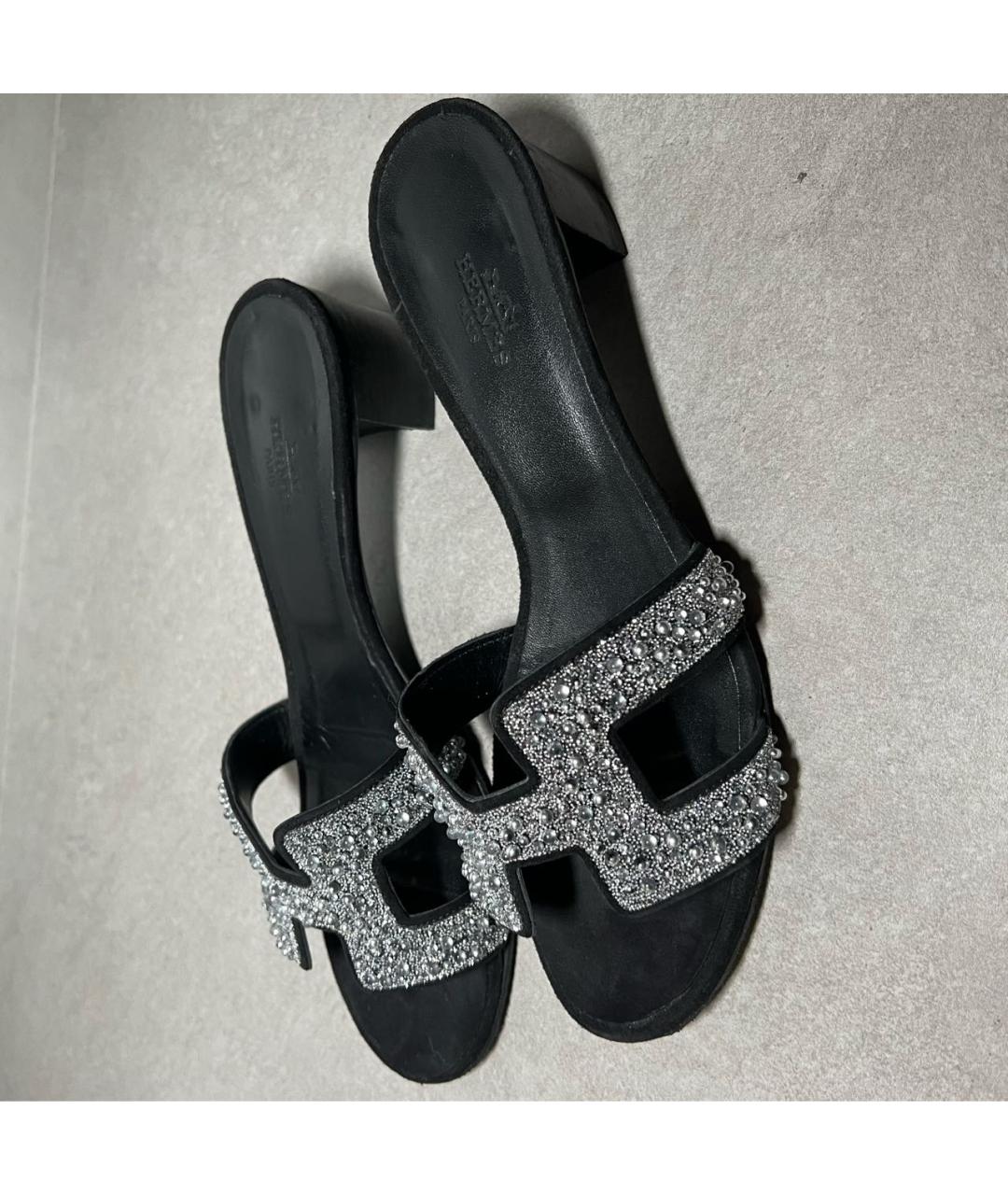 HERMES Черные кожаные шлепанцы, фото 4