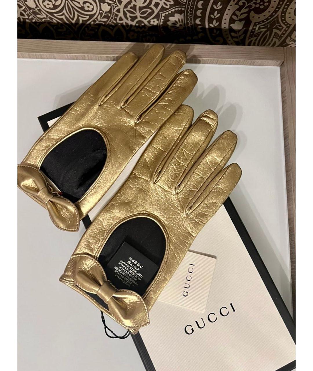 GUCCI Золотые кожаные перчатки, фото 3
