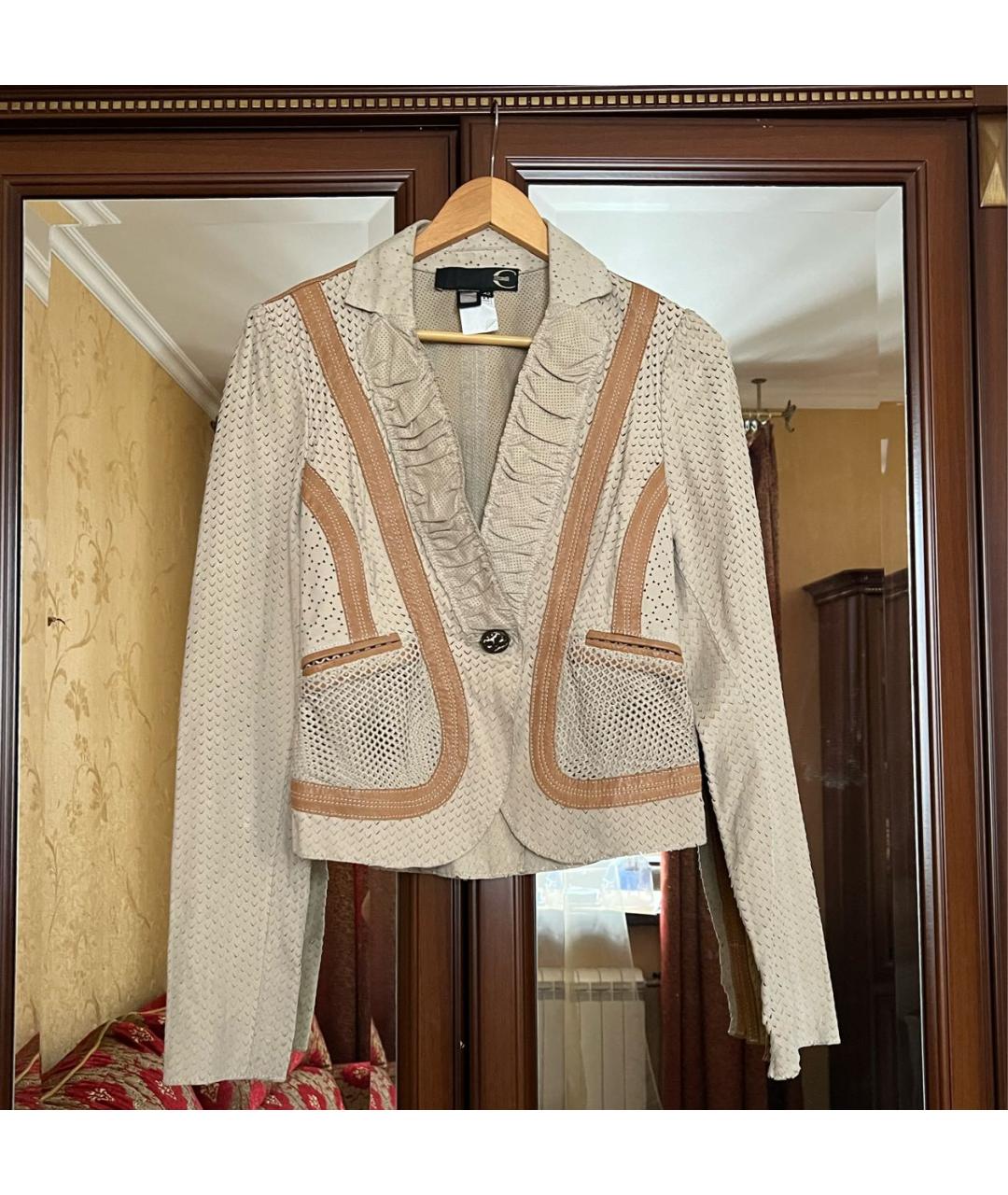 JUST CAVALLI Бежевый кожаный жакет/пиджак, фото 7
