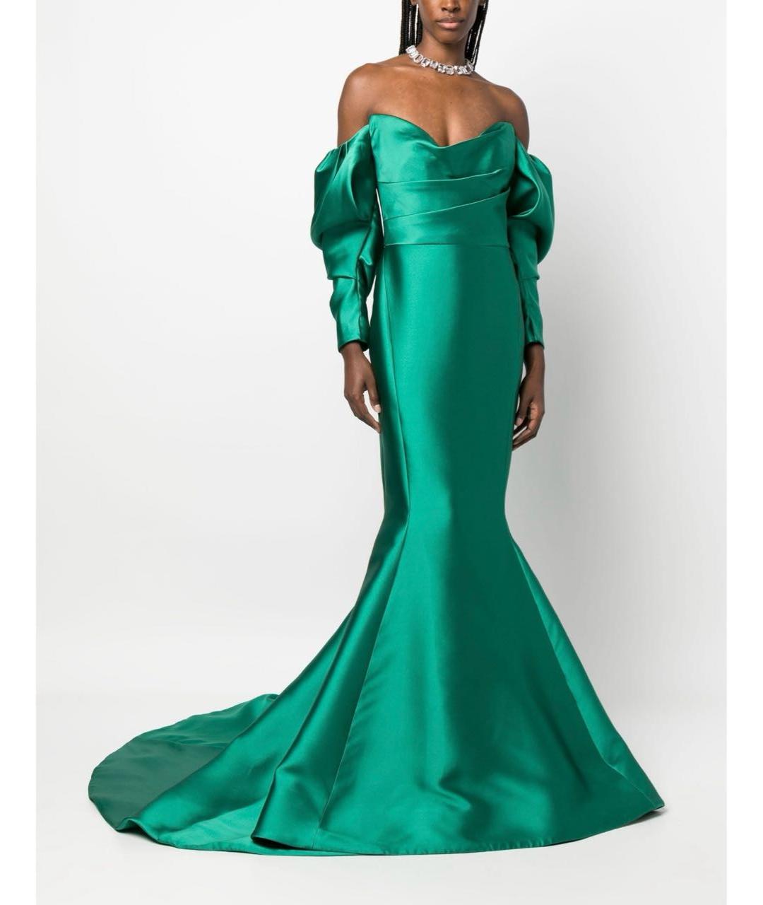MARCHESA Зеленые атласное вечернее платье, фото 2