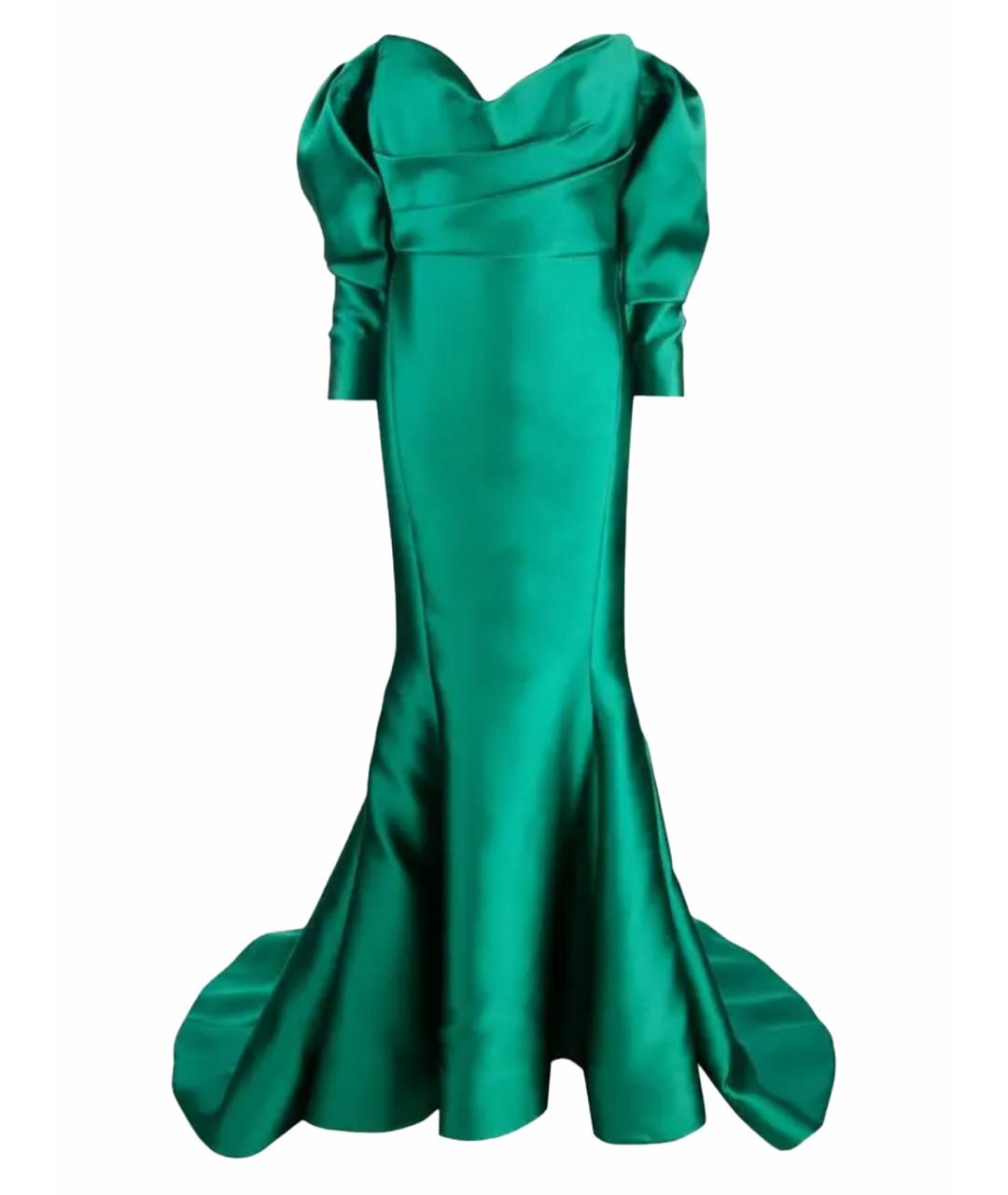 MARCHESA Зеленые атласное вечернее платье, фото 1