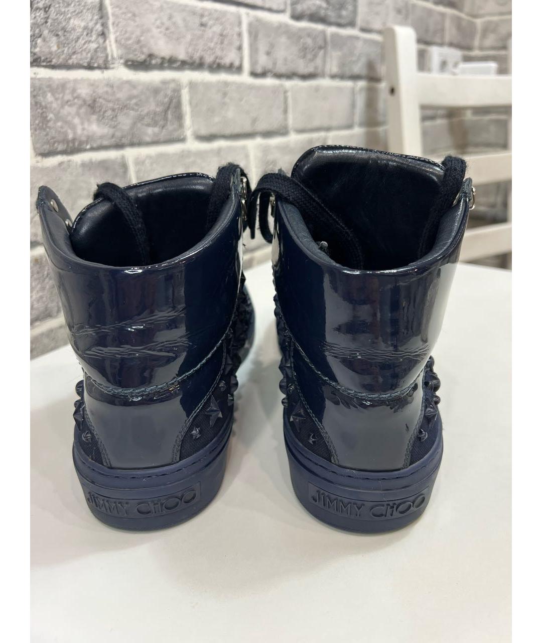 JIMMY CHOO Темно-синие высокие кроссовки / кеды из лакированной кожи, фото 4