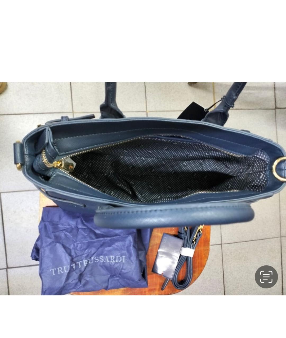 TRUSSARDI Темно-синяя кожаная сумка с короткими ручками, фото 4