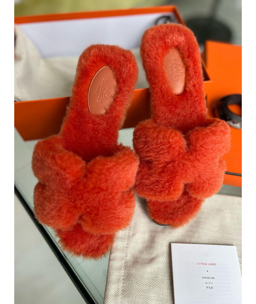 HERMES Оранжевое кожаные шлепанцы, фото 5