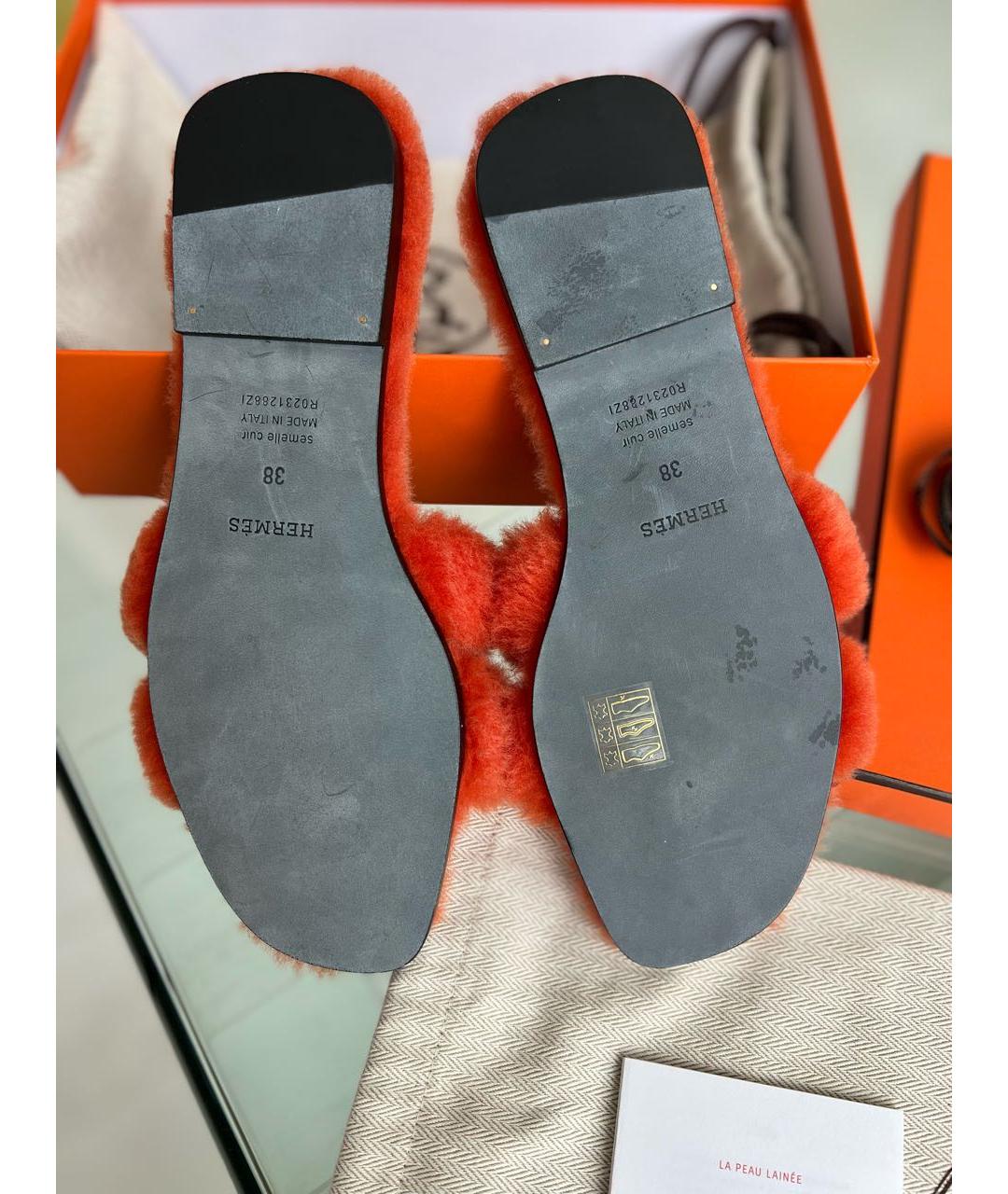 HERMES Оранжевое кожаные шлепанцы, фото 6