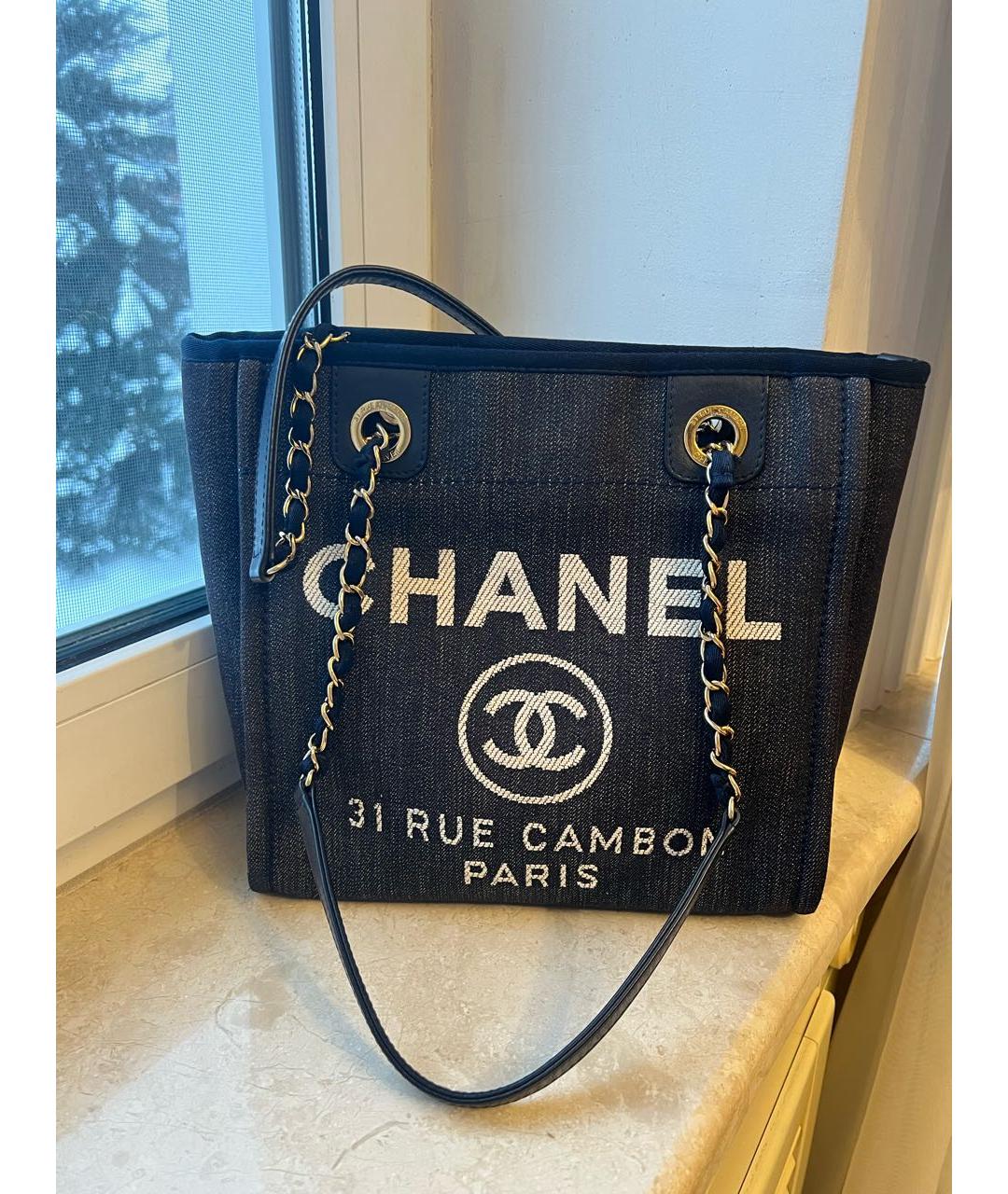 CHANEL PRE-OWNED Темно-синяя тканевая сумка тоут, фото 8