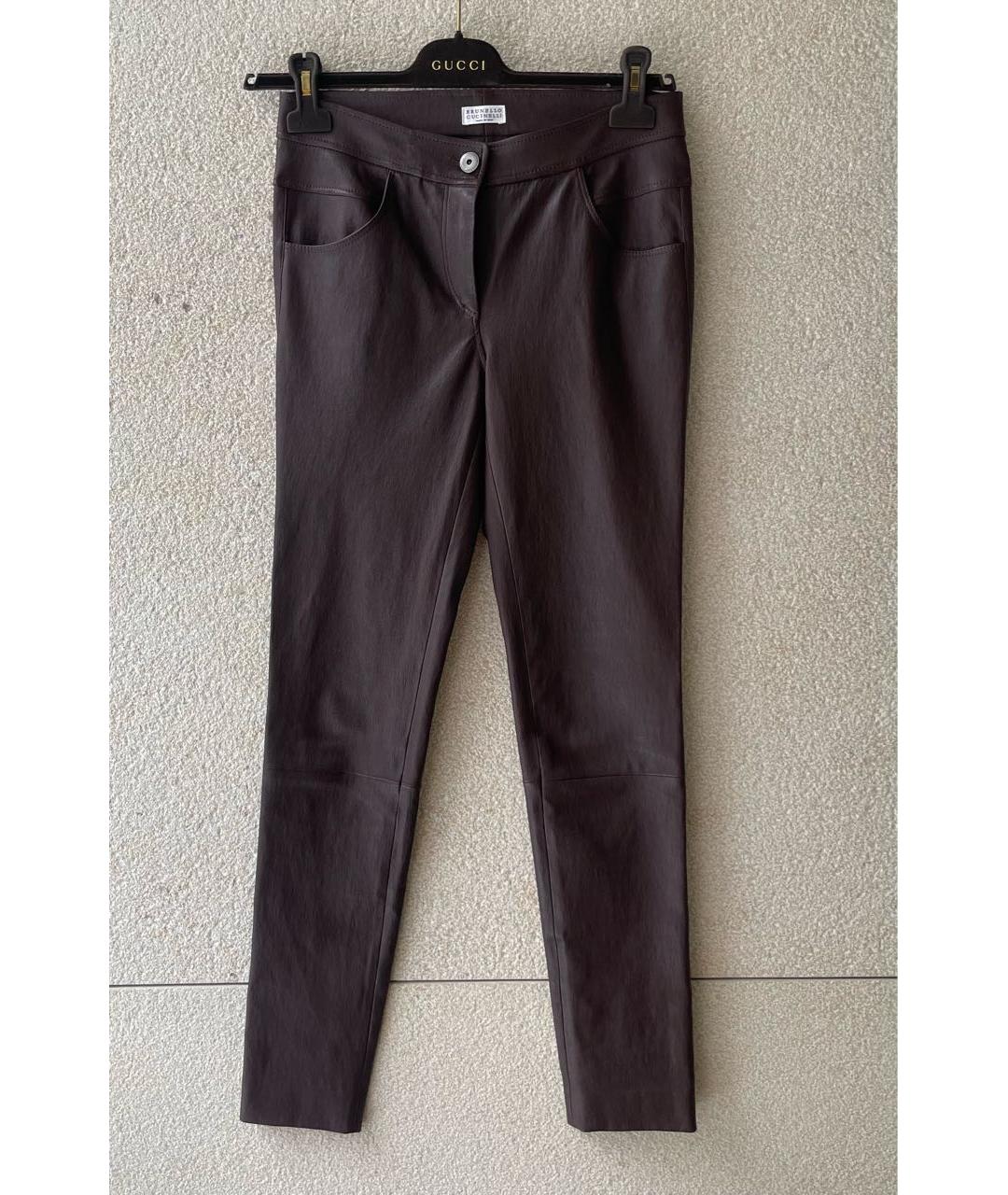 BRUNELLO CUCINELLI Бордовые кожаные брюки узкие, фото 9