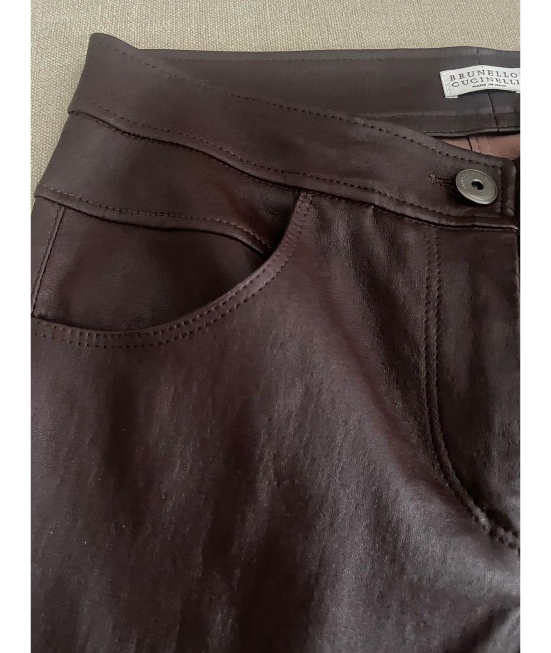 BRUNELLO CUCINELLI Бордовые кожаные брюки узкие, фото 5