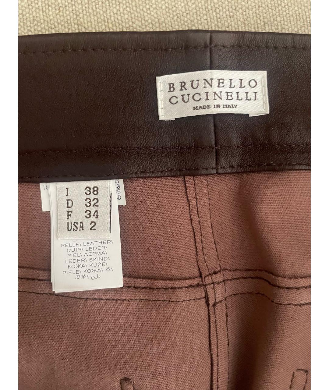 BRUNELLO CUCINELLI Бордовые кожаные брюки узкие, фото 4