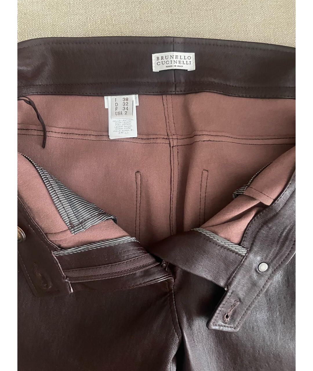 BRUNELLO CUCINELLI Бордовые кожаные брюки узкие, фото 3