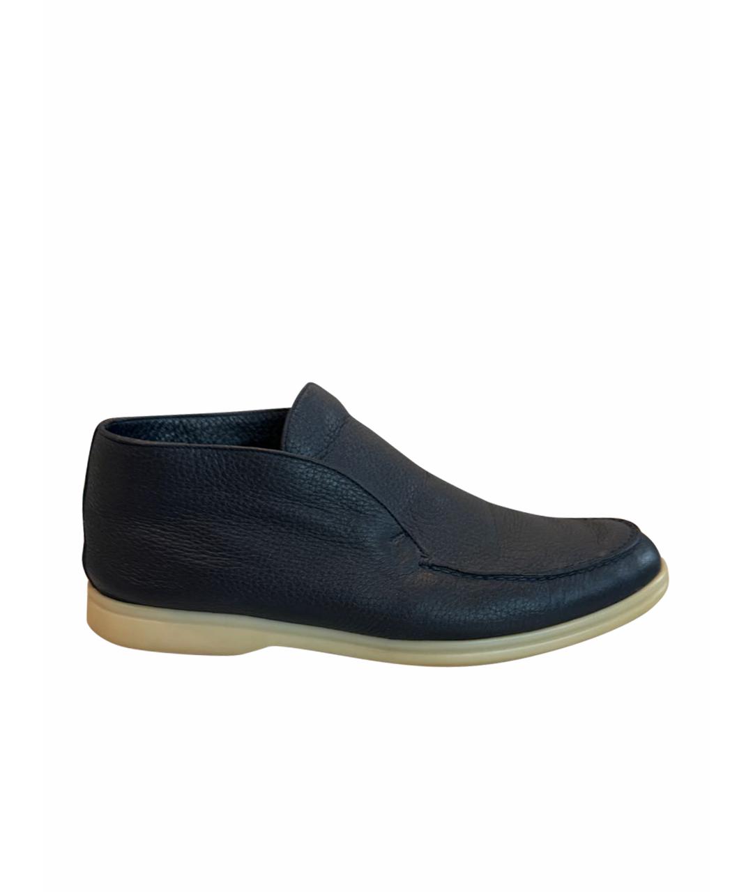 LORO PIANA Темно-синие кожаные низкие ботинки, фото 1